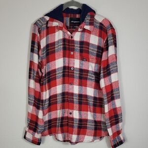 Y2K Aero Mens Flannel Button Up Hoodie Shacket Size M Red Plaid Skater Grunge